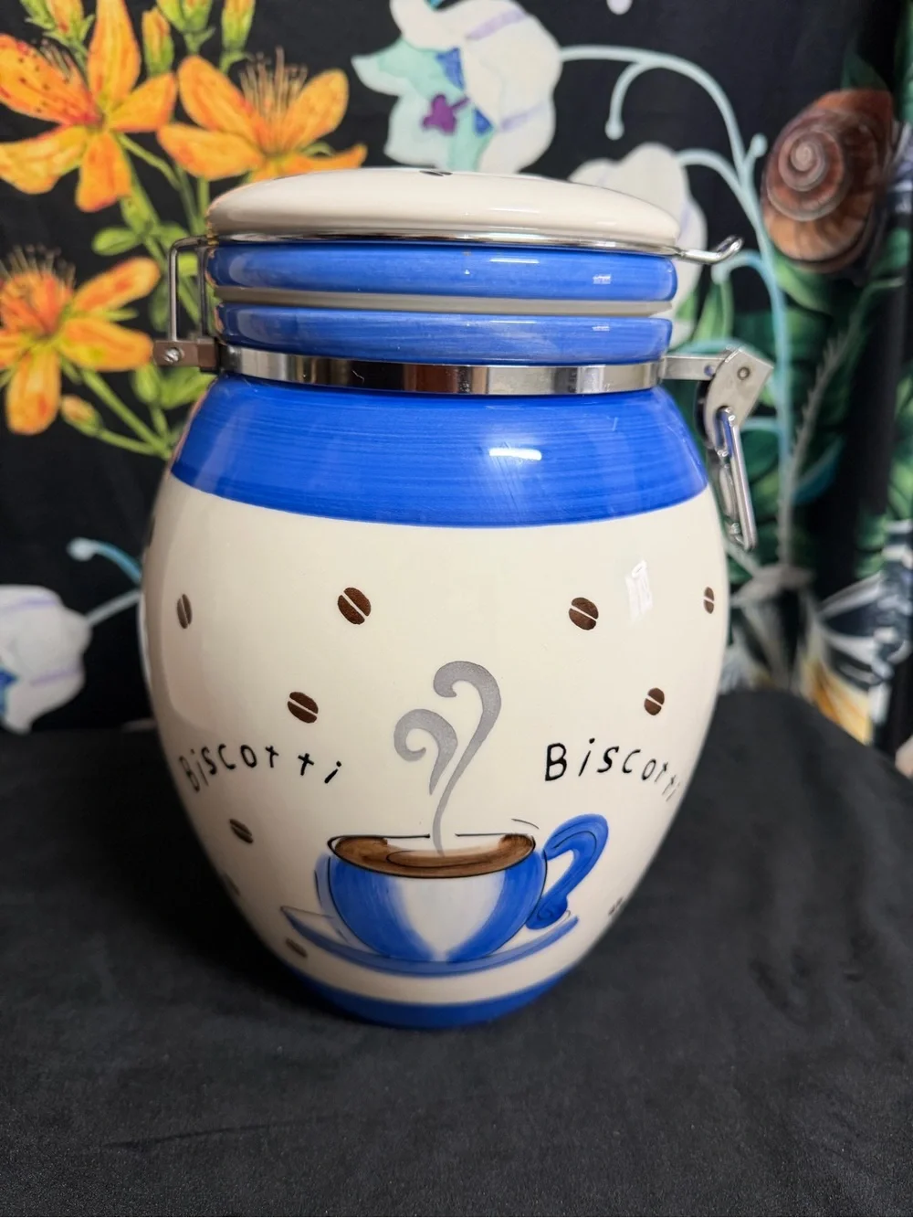 Vintage Blue and White Biscotti Ceramic Cookie Jar - Home Kitchen Storage